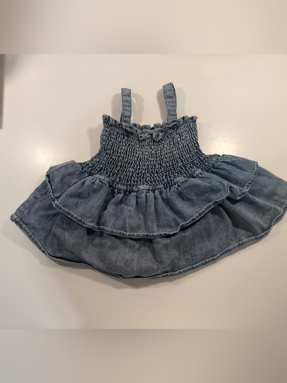 Smocked Denim Ruffle One-Piece Bodysuit - Blue
